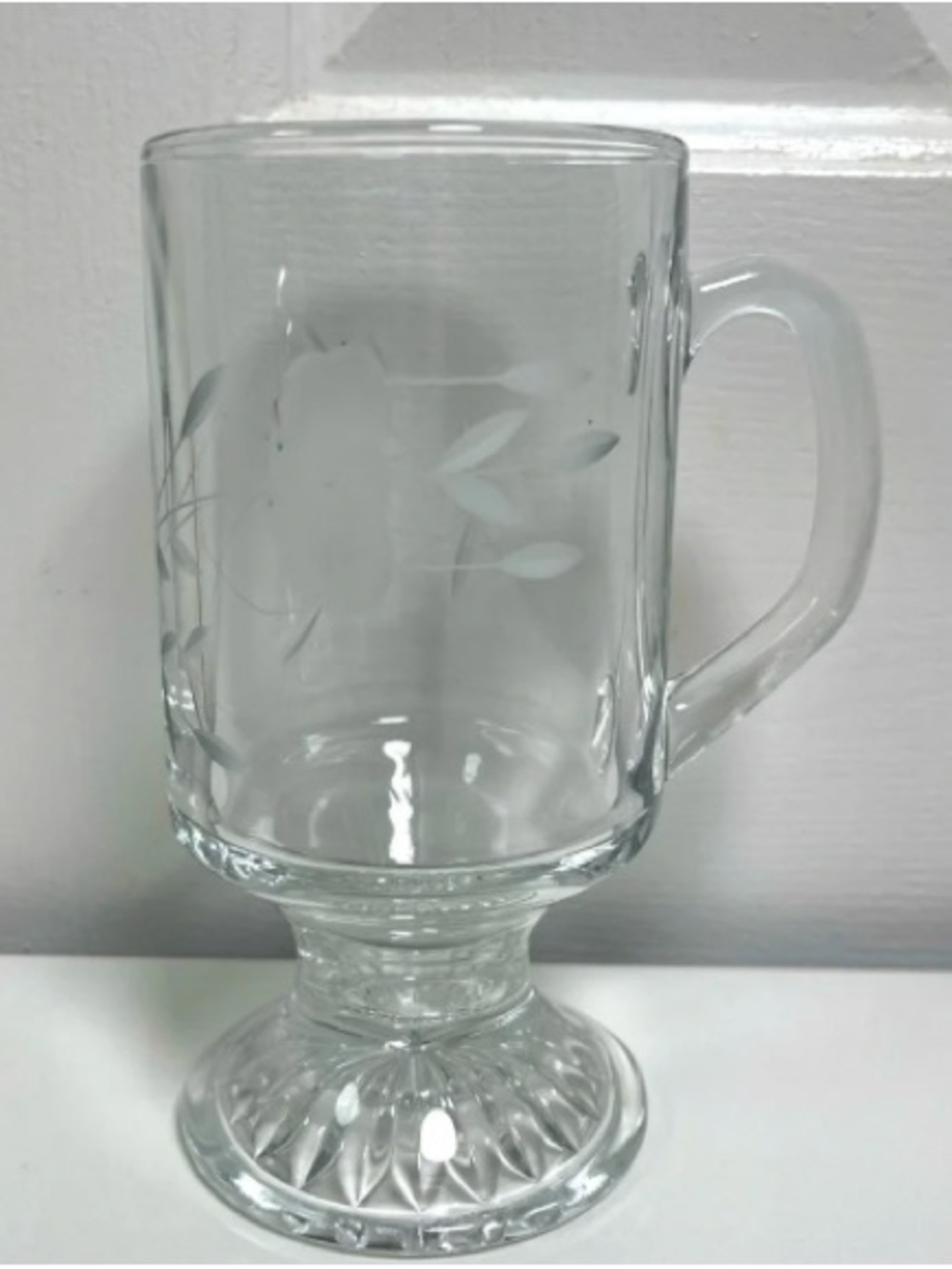 Etched Clear Glass Pedestal Mug with Handle